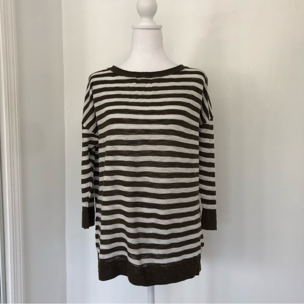 TALBOTS Women White/Brown Striped Boat Neck 3/4 Sleeve Knit Sweater L